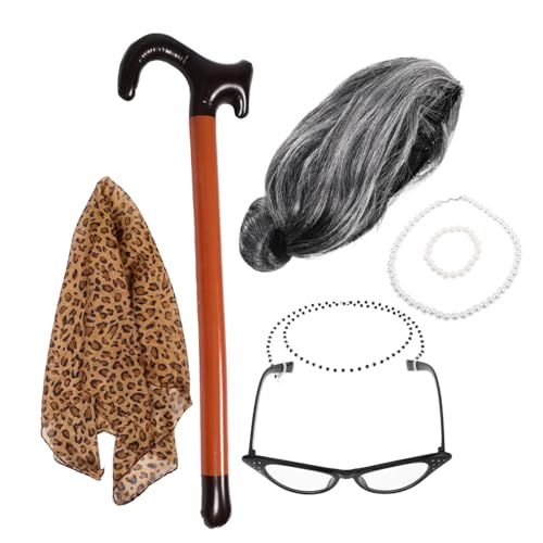 VILLFUL 1 Satz Oma Kostüm Set mit Perücke Brille und Spazierstock Teiliges Cosplay Zubehör für Halloween Karneval und Kostümpartys Realistische Großmutter Verkleidung für Altersgruppen VILLFUL 1 Satz Oma Kostüm Set mit Perücke Brille und Spazierstock Teiliges Cosplay Zubehör für Halloween Karneval und Kostümpartys Realistische Großmutter Verkleidung für Altersgruppen von VILLFUL