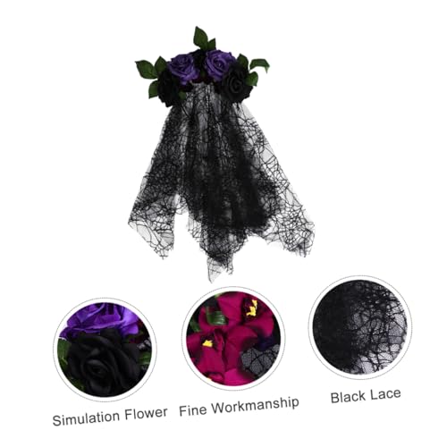 VILLFUL Halloween Cosplay Haarreif mit Langem Schwarzen Schleier Totenkopf Blumen Stirnband Bequemer Haarschmuck für Karneval Fasching und Fotorequisiten von VILLFUL