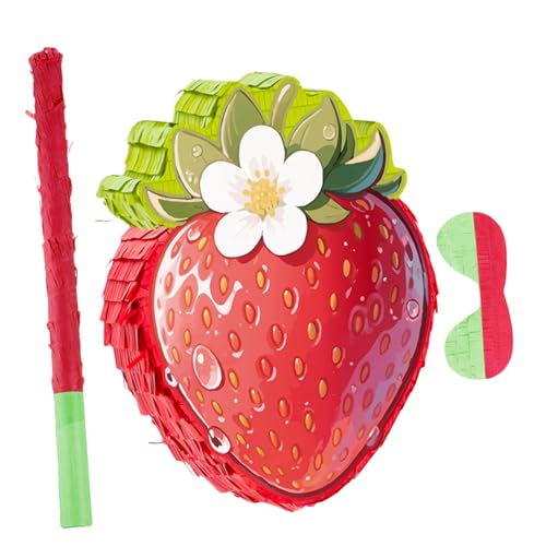 VILLFUL Rote Erdbeer-piñata aus Karton mit Stab und Augenbinde Inklusive Konfetti Robuste Sommer Party Dekoration für Erdbeer Geburtstagsspiele und Lustige Kindergeburtstagsfeier von VILLFUL