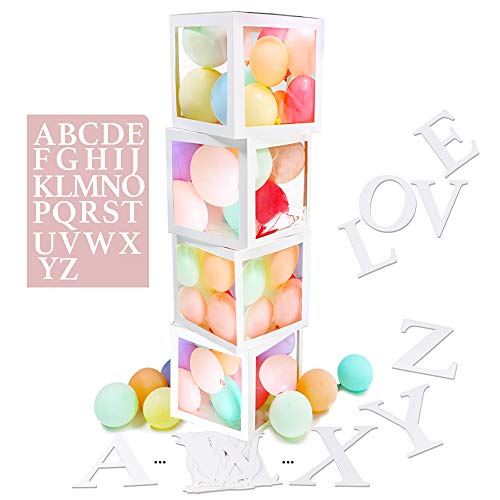 VINFUTUR 4 Stücke Leer Ballonbox Transparente Luftballon-Box mit 52 Pcs Buchstaben A-Z für Hochzeit Geburtstag Baby Shower Überraschungsbox Party Dekorationen von VINFUTUR