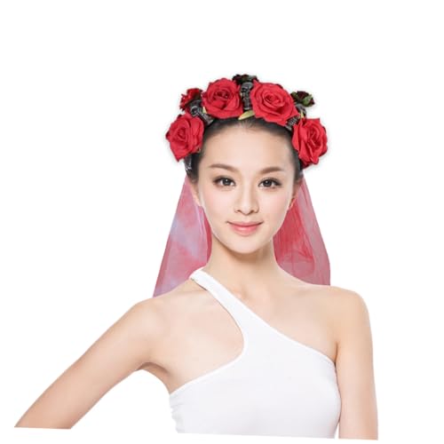 VINTORKY Totenkopf Stirnband Rosenblumen Stirnbänder Halloween Kopfbedeckung Copricapo Con Fiori Blumen Stirnband Kostüm Totenkopf Kopfschmuck Haarband Knochen von VINTORKY