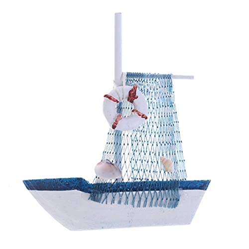 VIONNPPT 1:12 Miniatur Puppenhaus Ozeanblau Hölzern Boot mit Fischnetz-Muschel, Mode Kreativ Segeln Modell Dekoration, Mini Segelboot Desktop Oder Kuchen Ornament (B) von VIONNPPT