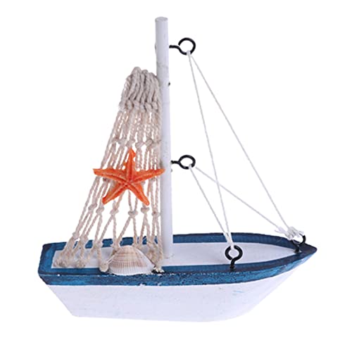 VIONNPPT 1:12 Miniatur Puppenhaus Ozeanblau Hölzern Boot mit Fischnetz-Muschel, Mode Kreativ Segeln Modell Dekoration, Mini Segelboot Desktop Oder Kuchen Ornament (E) von VIONNPPT