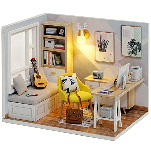 VIONNPPT DIY 1:24 Holzpuppen Haus Handwerk Mini Lernen Modell mit Möbeln, 3D Miniatur-Puppenhaus-Kit Geschenk für Kinder Erwachsene, Lernzimmer, Studierzimmer von VIONNPPT