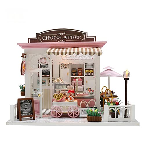 VIONNPPT DIY 1:24 Mini 3D Puppenhaus Miniatur mit Möbeln, Kreativ Schokolade Geschäft Puppen-Kit aus Holz, Rosa Coco-Shop Modell Handwerk Geschenk für Kinder und Erwachsene von VIONNPPT