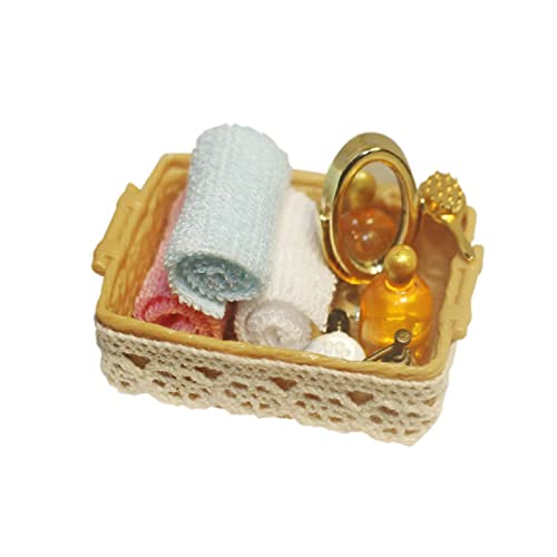 VIONNPPT Puppenhaus Miniatur Badekorb Set, 1: 12 Puppenhaus DIY Miniaturen Badezimmer Handtuch Spiegel Toilettenartikel Spielset Zubehoer, Kinder Geschenk von VIONNPPT
