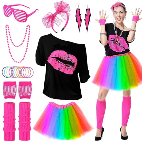 VIPNAJI 80er Jahre Kleidung Damen Set, 21PCS Kostüm Accessoires 80er, T-Shirt, Netzgarnrock, Netzhandschuhe, Stirnband, Halskette, Armband, Ohrring, Neon 80 Jahre Outfit Party Mädchen Kinder von VIPNAJI