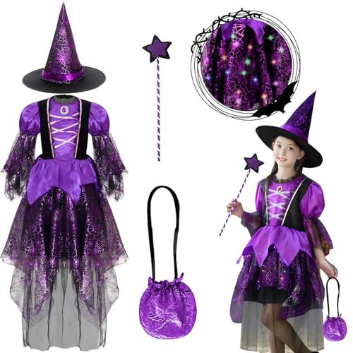 VIPNAJI Hexenkostüm für Mädchen, 3 Teiliges Halloween Hexe Kostüm Kinder mit Lichter mit Hexenhut, Zauberstab,Tasche, Set Cosplay Halloween Fasching Karneval Hexen Kostüme für Kinder, 5-8 Jahren VIPNAJI Hexenkostüm für Mädchen, 3 Teiliges Halloween Hexe Kostüm Kinder mit Lichter mit Hexenhut, Zauberstab,Tasche, Set Cosplay Halloween Fasching Karneval Hexen Kostüme für Kinder, 5-8 Jahren von VIPNAJI