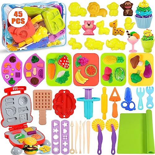 VIPNAJI Knete Dough Set für Kinder, 45 Stück Knetwerkzeug Teig Plastilin Werkzeuge, Knete Zubehör Frühstück Burger & Pasta & Pizza, Küchenspielzeug mit Aufbewahrungstasche Spielzeug für Jungen Mädchen von VIPNAJI