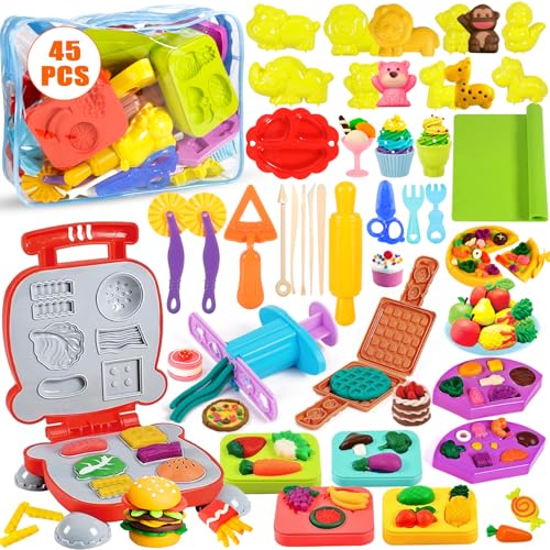 VIPNAJI Knete Dough Set für Kinder, 45 Stück Knetwerkzeug Teig Plastilin Werkzeuge, Knete Zubehör Frühstück Burger & Pasta & Pizza, Küchenspielzeug mit Aufbewahrungstasche Spielzeug für Jungen Mädchen von VIPNAJI