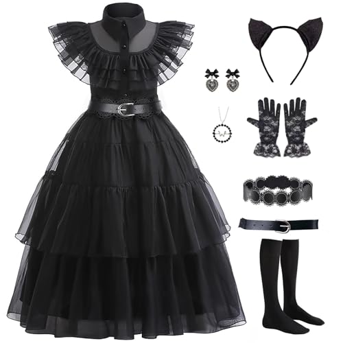 VIPten Addams Family Cosplay Outfit Gothic Kostüme für Halloween, Geburtstag, Schule, Party, Schwarz, 11–12 Jahre, Schwarz VIPten Addams Family Cosplay Outfit Gothic Kostüme für Halloween, Geburtstag, Schule, Party, Schwarz, 11–12 Jahre, Schwarz von VIPten