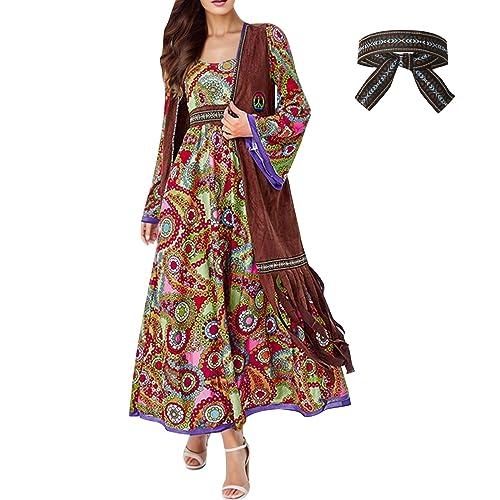 VIRACIN 70er-Hippie-Kleid-Kostüm für Damen, mit Halskette, Ohrringe, Sonnenbrille, Disco-Kostüm, 60er-Party-Kostüm, Halloween Retro-Kleider von VIRACIN