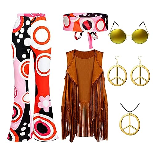 VIRACIN 70er Jahre für Frauen inklusive Fransenweste Tasche Hose Stirnband Friedenssymbol-Halskette Ohrringe und Sonnenbrille für Halloween von VIRACIN