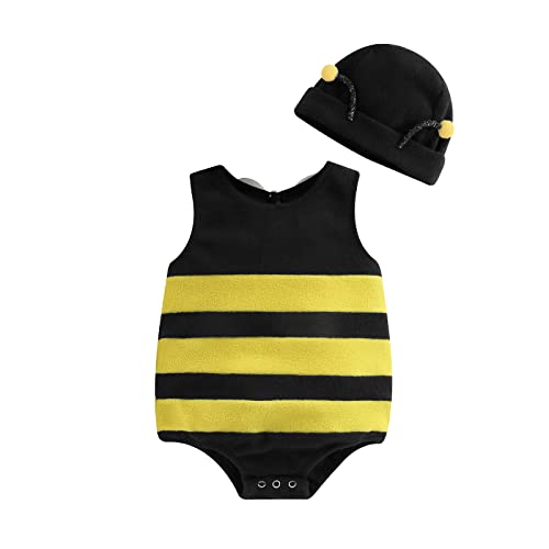 VISGOGO Strampler für Jungen und Mädchen, Halloween-Kürbis-Body + Hut + Schuhe, 3-teiliges Outfit (D-Bee, 12–18 Monate) von VISGOGO