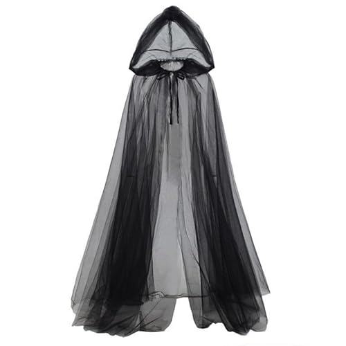 VISIAIP Schwarzer Kapuzenumhang, durchsichtiger Netzumhang für Halloween-Kostüm, Gothic-Renaissance-Cosplay von VISIAIP