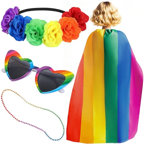 VISSTREE Pride Regenbogen-Outfit-Zubehör-Set – 4-teiliges Regenbogen-Rosen-Stirnband, Herz, Sonnenbrille, Perlen, Halskette und Umhänge für LGTBQ, Bisexuell, Gay Pride, Parade, Kostüm, Cosplay-Zubehör VISSTREE Pride Regenbogen-Outfit-Zubehör-Set – 4-teiliges Regenbogen-Rosen-Stirnband, Herz, Sonnenbrille, Perlen, Halskette und Umhänge für LGTBQ, Bisexuell, Gay Pride, Parade, Kostüm, Cosplay-Zubehör von VISSTREE