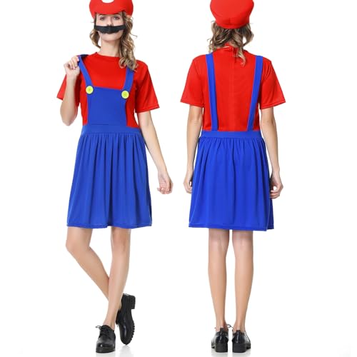 VISVIC Cosplay Kostüm Super Brothers Cosplay Kostüm, mit Cap und Schnurrbart, Halloween Karneval Cosplay Kostüm Set Männer Damen Jungen Mädchen, Faschingskostüme, Damen Rot, S von VISVIC