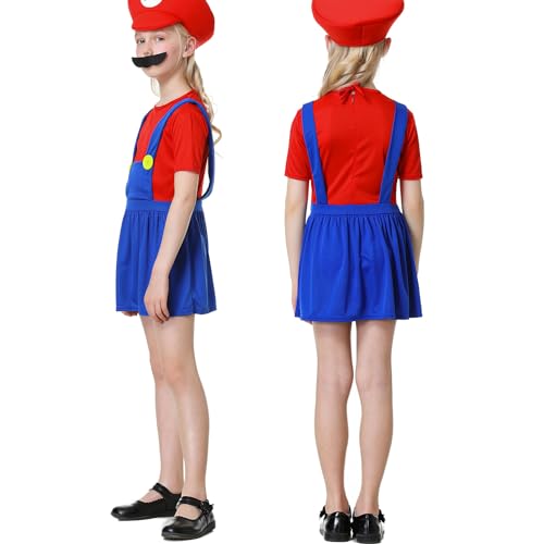 VISVIC Cosplay Kostüm Super Brothers Cosplay Kostüm, mit Cap und Schnurrbart, Halloween Karneval Cosplay Kostüm Set Männer Damen Jungen Mädchen, Faschingskostüme, Mädchen Rot, M von VISVIC