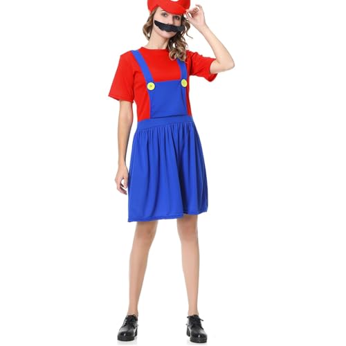 VISVIC Cosplay Kostüm Super Brothers Klempner, mit Bodysuit, Cap und Schnurrbart, Karneval Halloween Kostüm für Herren Damen Junge Mädchen Kinder, Damen Rot, M von VISVIC