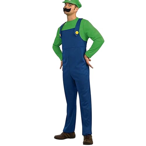 VISVIC Cosplay Kostüm Super Brothers Klempner, Kostüm mit Bodysuit, Cap und Schnurrbart, Karneval Halloween Cosplay Kostüm für Herren Damen Junge Mädchen Kinder, Herren Grün, L von VISVIC