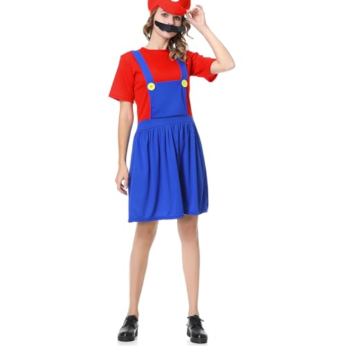 VISVIC Cosplay Kostüm Super Brothers Klempner, Kostüm mit Bodysuit, Cap und Schnurrbart, Karneval Halloween Cosplay Kostüm für Herren Damen Junge Mädchen Kinder, Damen Rot, L von VISVIC