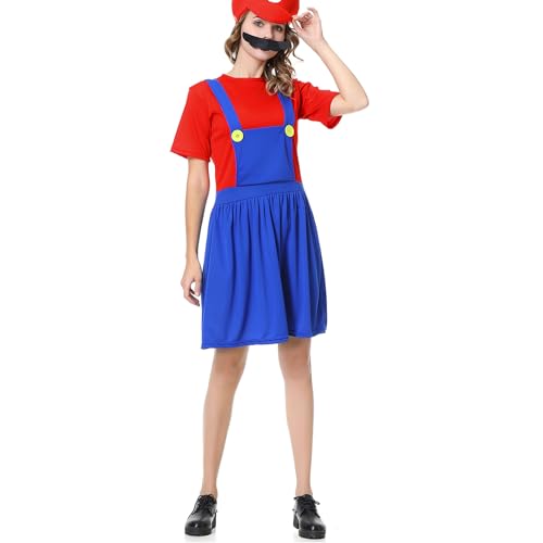 VISVIC Cosplay Kostüm Super Brothers Klempner, Kostüm mit Bodysuit, Cap und Schnurrbart, Karneval Halloween Cosplay Kostüm für Herren Damen Junge Mädchen Kinder, Damen Rot, S von VISVIC