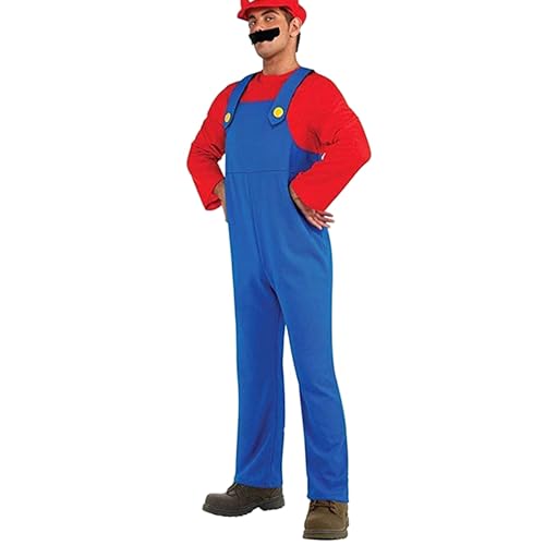 VISVIC Cosplay Kostüm Super Brothers Klempner, Kostüm mit Bodysuit, Cap und Schnurrbart, Karneval Halloween Cosplay Kostüm für Herren Damen Junge Mädchen Kinder, Herren Rot, L von VISVIC