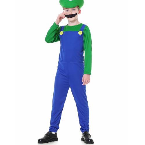 VISVIC Cosplay Kostüm Super Brothers Klempner, Kostüm mit Bodysuit, Cap und Schnurrbart, Karneval Halloween Cosplay Kostüm für Herren Damen Junge Mädchen Kinder, Jungen Grün, L von VISVIC