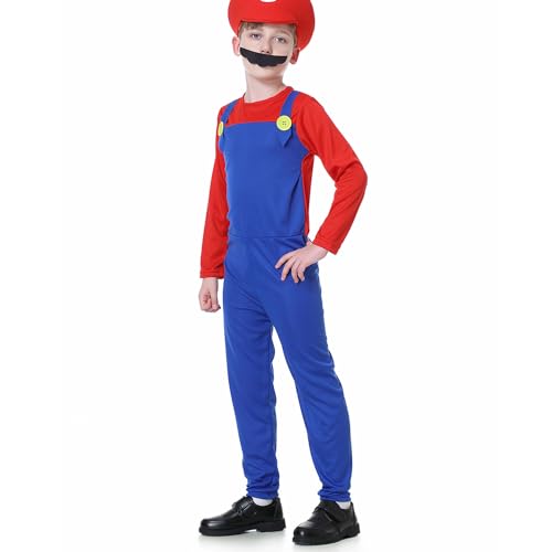 VISVIC Cosplay Kostüm Super Brothers Klempner, Kostüm mit Bodysuit, Cap und Schnurrbart, Karneval Halloween Cosplay Kostüm für Herren Damen Junge Mädchen Kinder, Jungen Rot, L von VISVIC