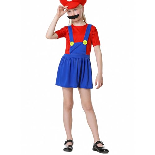 VISVIC Cosplay Kostüm Super Brothers Klempner, Kostüm mit Bodysuit, Cap und Schnurrbart, Karneval Halloween Cosplay Kostüm für Herren Damen Junge Mädchen Kinder, Mädchen Rot, L von VISVIC