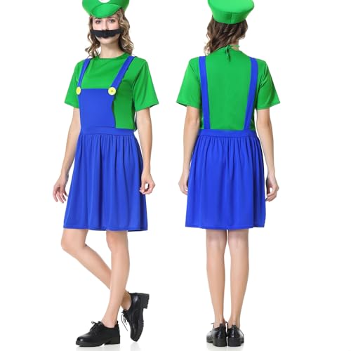 VISVIC Cosplay Kostüm Super Brothers Cosplay Kostüm, mit Cap und Schnurrbart, Halloween Karneval Cosplay Kostüm Set Männer Damen Jungen Mädchen, Faschingskostüme, Damen Grün, L von VISVIC