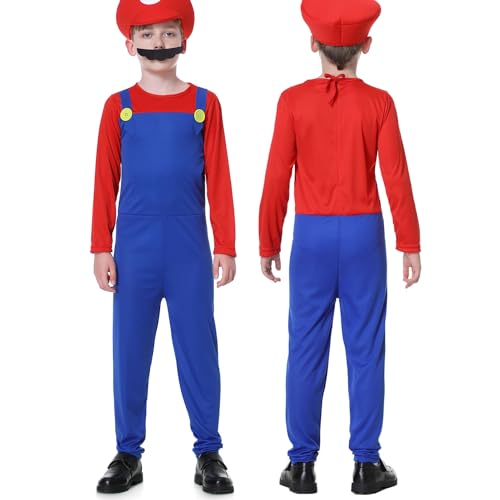 VISVIC Cosplay Kostüm Super Brothers Cosplay Kostüm, mit Cap und Schnurrbart, Halloween Karneval Cosplay Kostüm Set Männer Damen Jungen Mädchen, Faschingskostüme, Jungen Rot, L von VISVIC