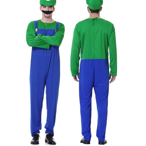 VISVIC Cosplay Kostüm Super Brothers Cosplay Kostüm, mit Cap und Schnurrbart, Halloween Karneval Cosplay Kostüm Set Männer Damen Jungen Mädchen, Faschingskostüme, Herren Grün, M von VISVIC