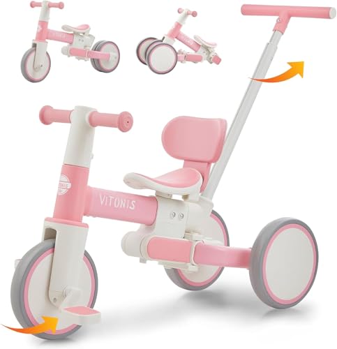 4 in 1 Laufräder Laufrad ab 2 Jahre Kinderdreirad Dreirad Lauffahrrad Lauflernhilfe für Kinder ab 1 Jahre bis 4 Jahren, Baby Lauflernhilfe Lauflernrad Abnehmbarer Rosa von VITONIS