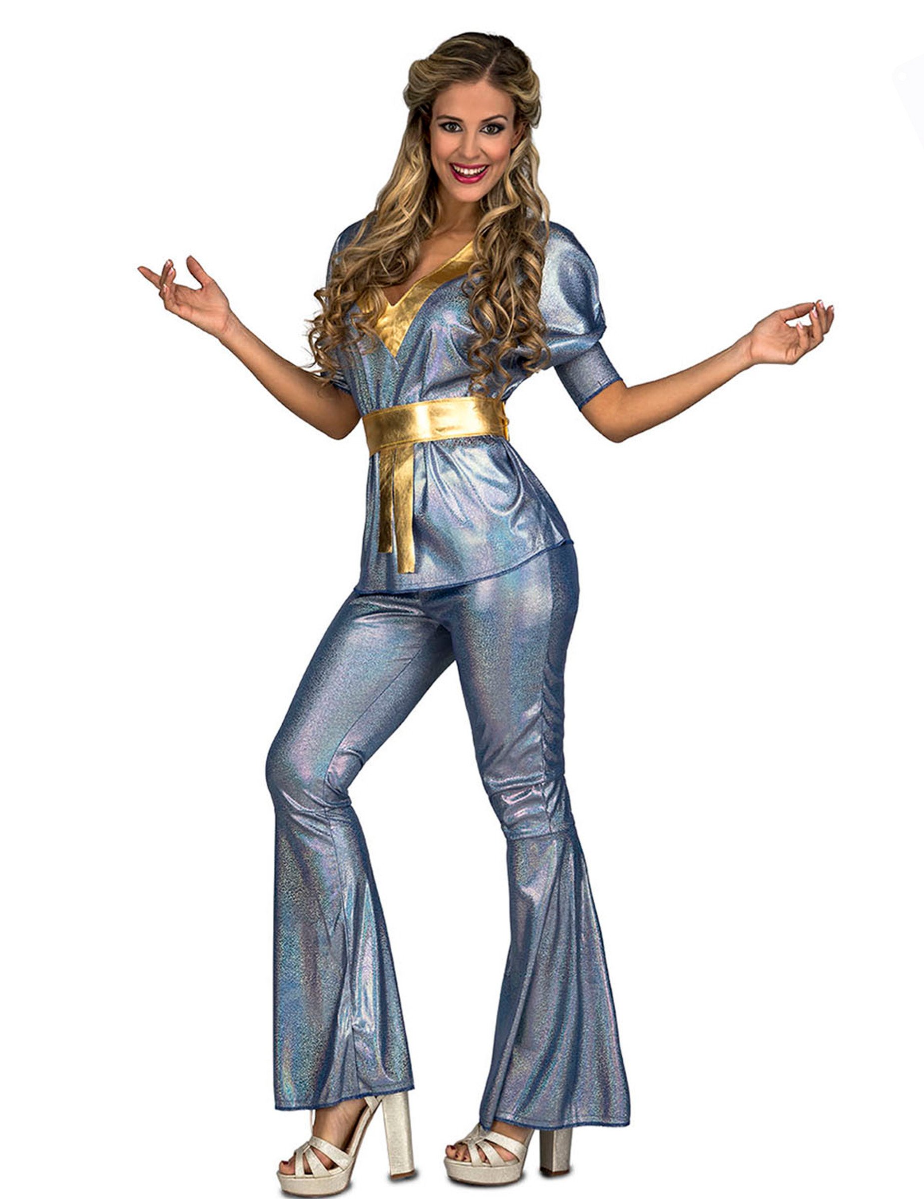 70er Jahre Disco-Kostüm für Damen Faschingskostüm glänzend blau-gold von VIVING COSTUMES / JUINSA
