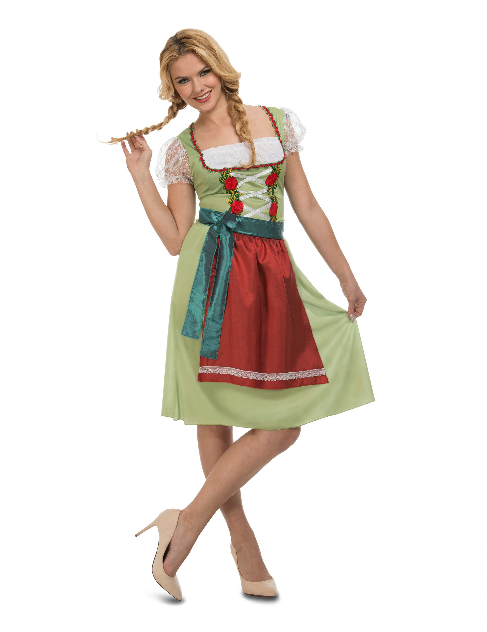 Dirndl für Damen Frühlingsfest-Outfit grün-rot von VIVING COSTUMES / JUINSA