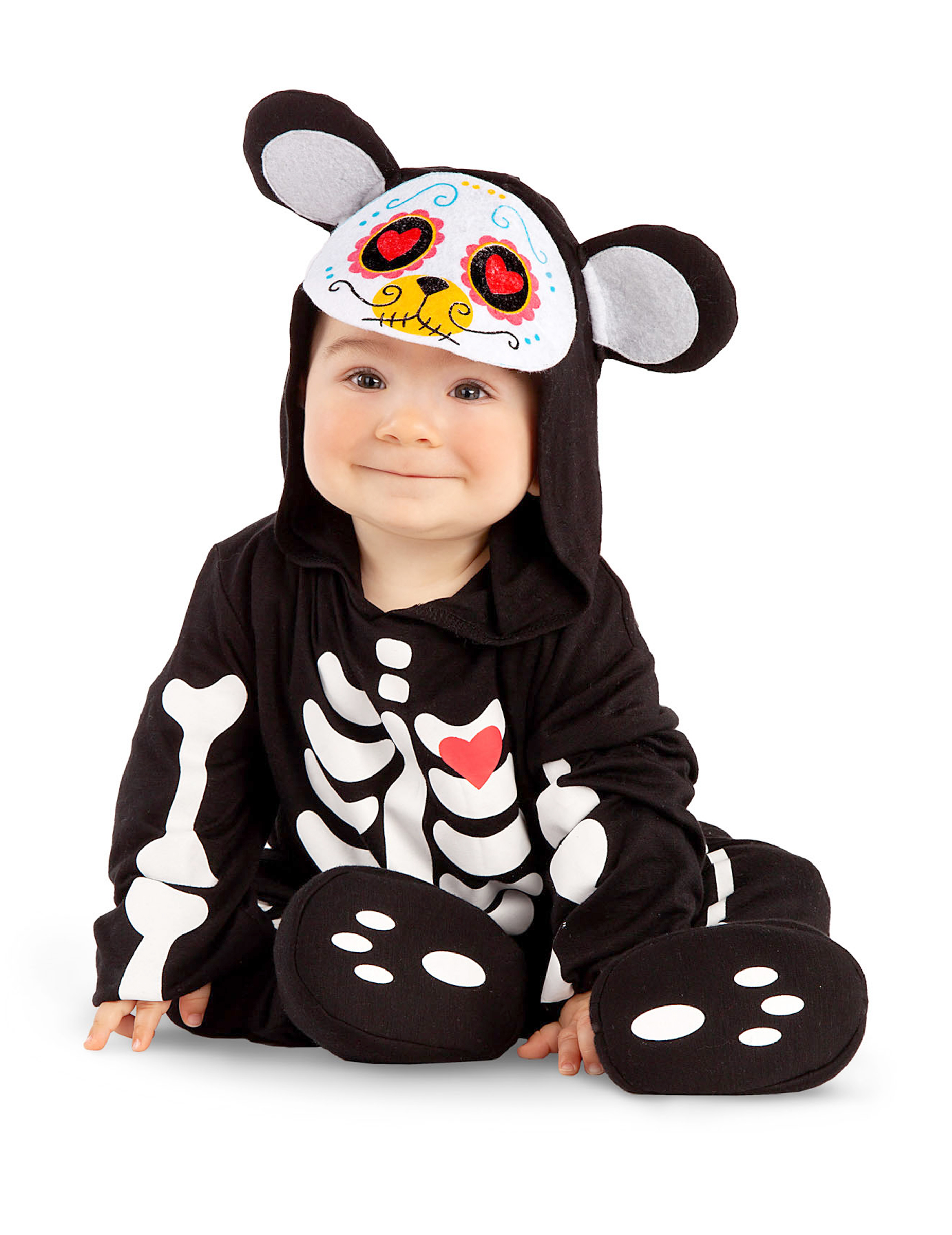 Gemütliches Dia de los Muertos-Bärenkostüm für Babys schwarz-weiß-bunt von VIVING COSTUMES / JUINSA