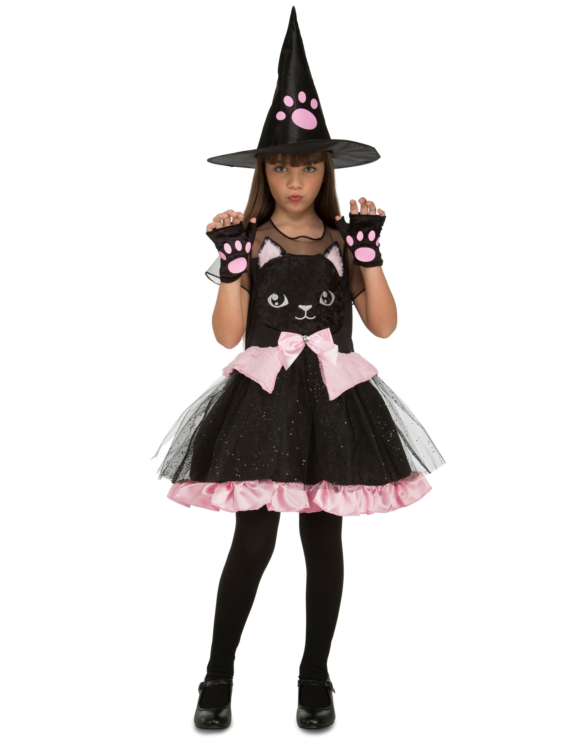 Katzen-Hexe Kostüm für Kinder Halloween schwarz-rosa von VIVING COSTUMES / JUINSA