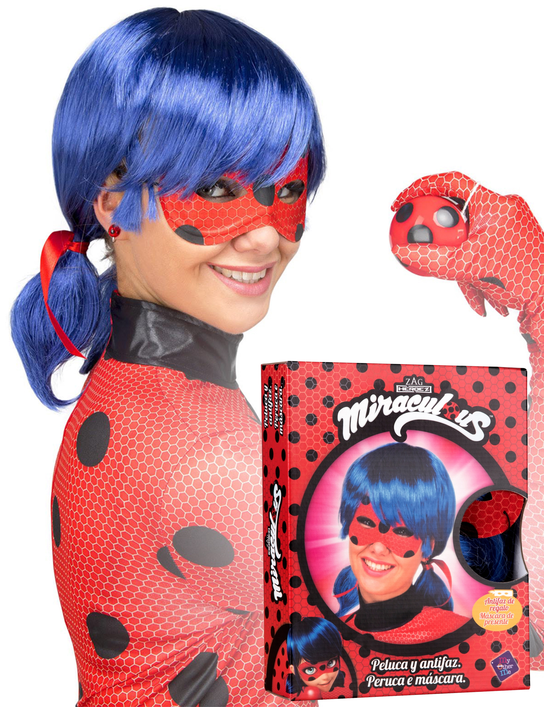 Ladybug Perücke mit Maske für Erwachsene blau-rot-schwarz von VIVING COSTUMES / JUINSA