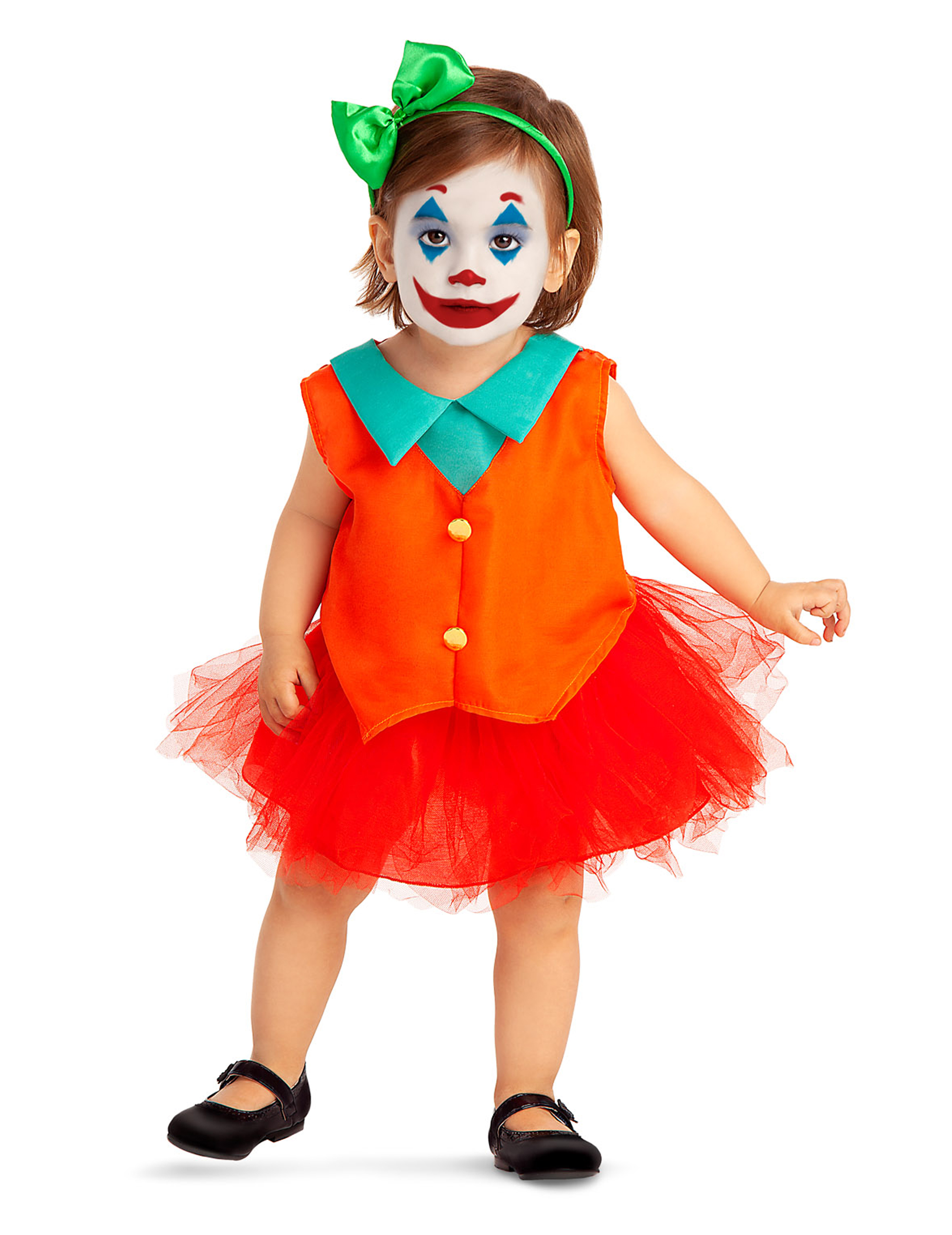 Miss Joker-Babykostüm für Halloween orangefarben-rot-grün von VIVING COSTUMES / JUINSA