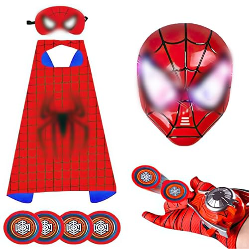 VIYAAN Kostüm Maske Superhelden, Launcher Handschuh, Superhelden Kostüm Kinder, Superheroes Cosplay Costume, Spiderman Umhänge/Handschuhe/Maske für Kinder Cosplay Kostüme von VIYAAN