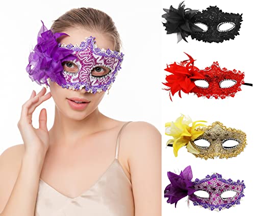 VKI® 4 Stück Venezianische Maske Damen Rose Maskerade Karnevalsmasken Gesicht Kostüm Fasching Verkleidung, Rot/Lila/Gold/Schwarz von VKI