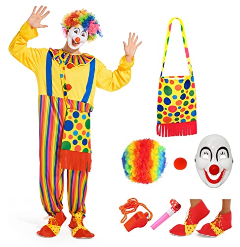 VKI® Komplettes Clown Kostüm Set für Erwachsene - Inkl. Perücke, Maske, Nase, Schuhe & Tasche | Karneval, Halloween & Zirkus Kostümzubehör | Cosplay Party Ausstattung von VKI