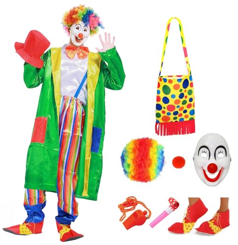 VKI® Clown Kostüm Erwachsene Set, Clown Kostümzubehör, Clown Kleidung, Clown Perücke, Clownmaske, Clown Nase, Clowntasche, Clownschuhe, Halloween Kostümzubehör, Zirkus Requisiten, Karneval Cosplay von VKI