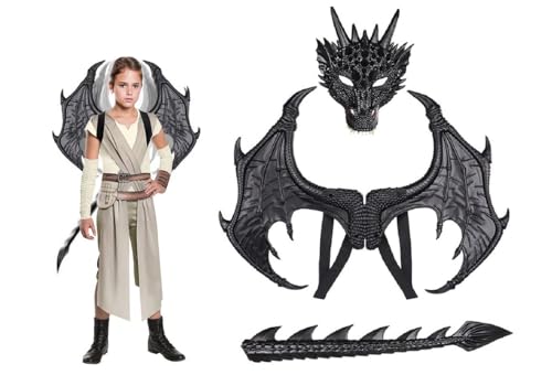 VKI® Drachenflügel Kostüm Set für Kinder, Dinosaurierschwanz Maske Drachenkostüm für Halloween Karneval Maskerade Cosplay, Schwarz von VKI