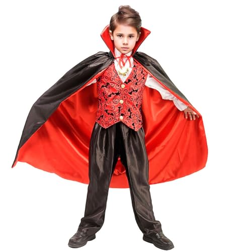 VKI Vampir Kostüme Set für Kinder mit Umhang, Oberteil, Hose, Halsbekleidung, Vampir Cosplay Kostüm für Halloween Karneval, 10~12 Jahre alt, 140~150cm von VKI