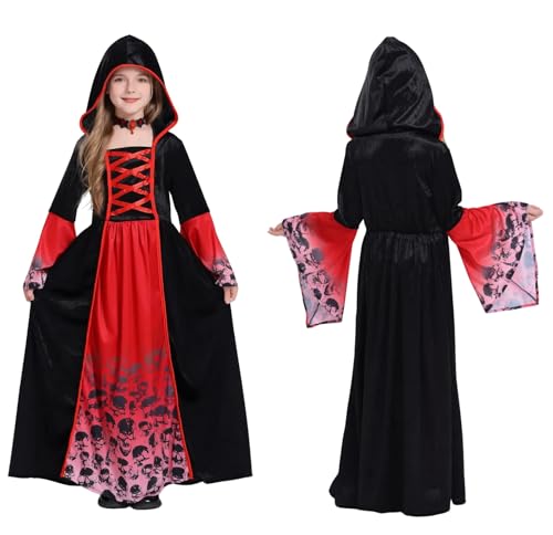VKI Vampir Kostüme für Mädchen mit Umhang Kleid, Halsbekleidung, Vampir Cosplay Kostüm für Halloween Karneval, 10~12 Jahre alt, 130~140cm von VKI