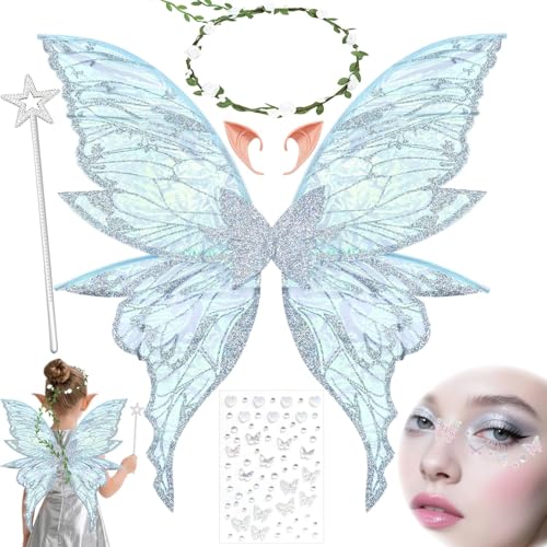 VLEDARLING Damen Mädchen Schmetterling, Glitzernde Engelsflügel, Glitzer Schmetterlingsflügel, Nymphe Pixie Halloween Kostüm Flügel Schmetterling Feenflügel Engelsflügel Mädchen Feenflügel(Weiß) von VLEDARLING