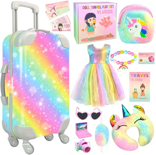 19-teiliges Puppenzubehör-Set für Mädchen, 45,7 cm, Gepäck, Reise-Spielset mit Kleidung, Kamera, Reisekissen, Tasche, Kleid, Brille, Sachen für 45,7 cm große Puppe – Weihnachts- und von VLUSSO