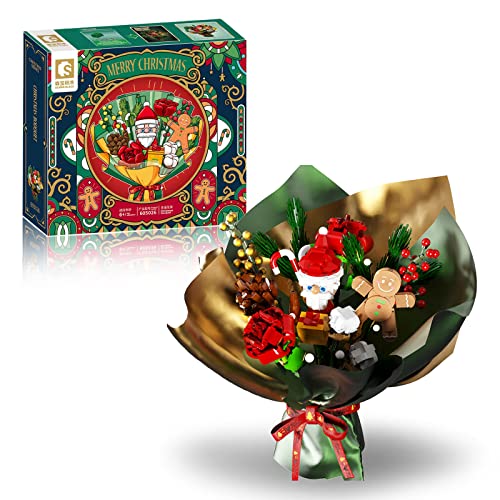 VLites Weihnachtsstrauß Bausteine mit Musikbox, 882 Klemmbausteine DIY Kreative Bouquet Bauspielzeugsets Weihnachtsmann Lebkuchenmann Geschenkidee von VLites